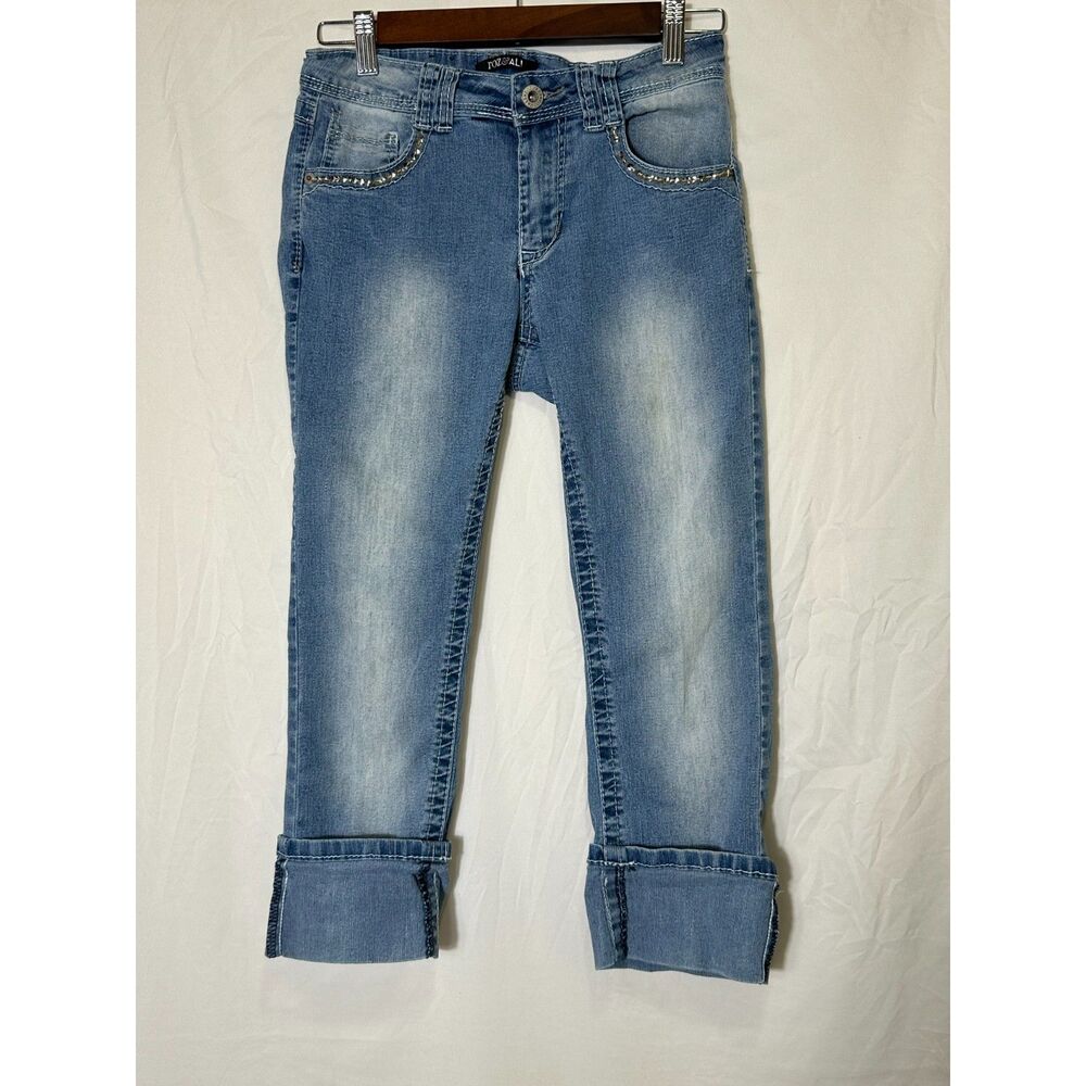 Roz & Ali Women's Cropped Distressed Embellished Blue Jeans Size 4